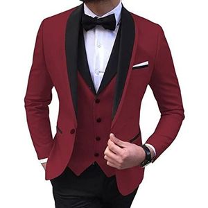Zakelijke blazers voor heren, 3-delig pak, slim fit, revers, klassieke effen jas, vest, broek, set, bruidegom, bruiloft, feest, galapakken, Bordeaux, XXL