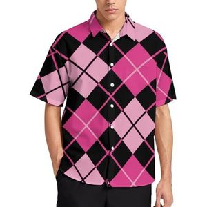 Zwart & Roze Argyle Zomer Heren Shirts Casual Korte Mouw Button Down Blouse Strand Top met Zak L