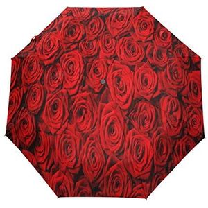 BIGJOKE 3 Vouwen Auto Open Sluit Paraplu Bloemenrode Rose Patroon Winddicht Reizen Lichtgewicht Regen Paraplu Compact voor Jongens Meisje Mannen Vrouwen