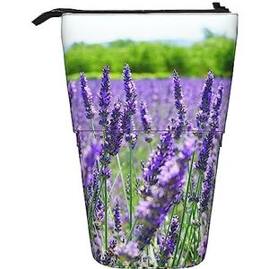 Paarse Bloemen Potlood Case Telescopische Make-up Tas Pop Up Office Organizer Box Staande Pen Houder Cosmetica Tas Met Ritssluiting, Zwart, Eén maat