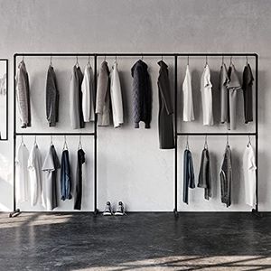 pamo Vrijstaande kledingstang in industrieel loft design - LAS III - garderobe voor inloopbare kledingkast muur I slaapkamer kledingrek van zwarte stabiele buizen - vrijstaand