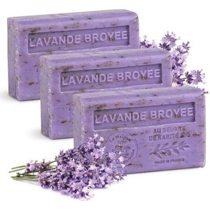 Savon De Marseille - French zeep met biologische sheaboter - versnippert lavendelgeur - geschikt voor alle huidtypes - 125 gram stangen - set van 3
