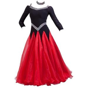 Yhsgscr Ballroomkleding met lange mouwen voor dames Tango trainingsoutfit Soepel ademend Waltz banketdansjurken Slim fit National Standard grote swingrok,Rood,3XL