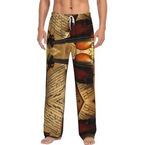Viool en boek heren lange lounge wear broek nachtkleding pyjama broek nachtkleding met zakken en trekkoord, Wit, S
