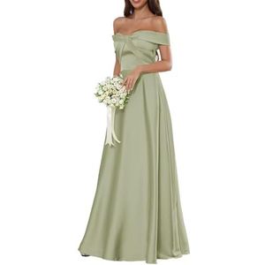 HPPEE Off-shoulder satijnen bruidsmeisjesjurken voor dames, mouwloos, A-lijn baljurk lange galajurk, Stoffige Salie, 32