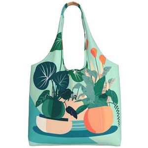 XIAOYANS Indoor Cartoon Ingemaakte Groene Planten Extra Grote Capaciteit Schouder Canvas Tas Voor Winkelen Reizen Dagelijks Gebruik, Zwart, Eén maat