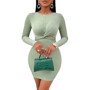 jurken voor dames Geribbelde gebreide bodycon-jurk met gedraaide voorkant - Groen, sexy, effen, ronde hals, gestrikte achterkant, lange mouwen, mini, slim fit, medium stretch (Color : Gr�n, Size : S