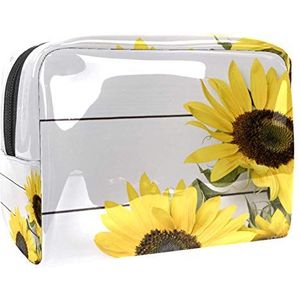 Make-up Tas PVC Toilettas met ritssluiting Waterdichte cosmetische tas met verse zonnebloemen op witte houten textuur achtergrond voor vrouwen en meisjes
