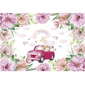 Renaiss 1.5x1m Jungle dieren rijden een roze auto achtergrond Baby douche achtergrond roze bloemen Rainbow Cloud fotografie achtergrond meisje verjaardagsfeestje decoraties fotostudio rekwisieten