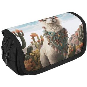 VFKLT Mexicaanse lama groene etui dubbellaags pennenetui grote capaciteit pennenzak dubbele rits draagbare pennenetui make-up tas voor mannen vrouwen reizen zakelijk kantoor, Wit, Eén maat, Potlood