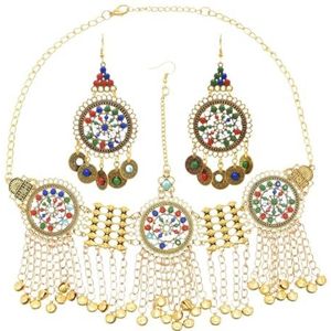 Vintage etnische lange kettingen klokken hoofdtooi munt oorbellen kleurrijke acryl kralen zendspoel Gypsy Tribal Afghaanse jurk sieraden set (Color : A gold jewelry set)