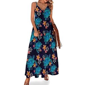 Sea Turtle And Flowers Maxi-jurk voor dames, zomer, V-hals, mouwloos, spaghettibandjes, lange jurk
