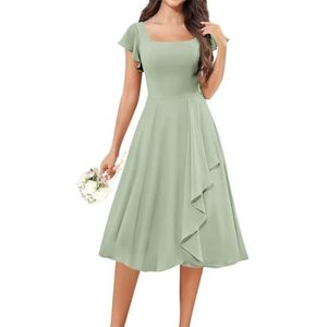 KURFACE Korte bruidsmeisjesjurken met fladdermouwen voor junioren ruches A-lijn knielengte cocktailjurk formele jurk, Sage Groen, 32