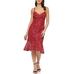 GUESS Women's Lace Midi with Flounce Hem Dress, Wine, 8