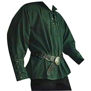 Heren Middeleeuwse lange mouwen hemd veterhemd opstaande kraag gothic blouses Victoriaans T-shirt, groen, XL