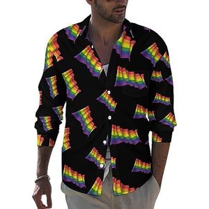 Gay Pride Waving Flag Heren Casual Shirts Lange Mouw Button Down Revers Shirt Gedrukt Blouse Top 6XL
