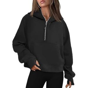 Womens Hoodies Sweatshirts Half Zip Cropped Pullover Fleece Quarter Zipper Hoodies with Pockets Fall Outfits Clothes Thumb Hole (Color : Black, Size : XXL)