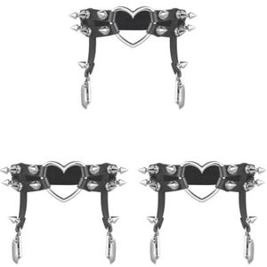 3 Set van 1x Vrouwen Lederen Dubbele Riem Hart Kousenband Elastische Klinknagel Stud Been Jarretelgordel, Zwart