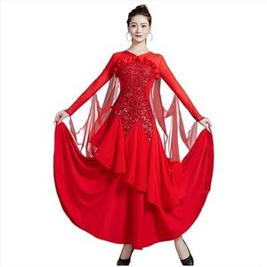 Yhsgscr Volwassen V Hals Professionele Wedstrijd Ballroom Kleding Flamenco Foxtrot Dansjurk Met Pailletten Voor Dames Banketrok Met Grote Swing Walsdanskleding,Rood,3XL