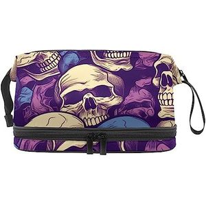 Dubbele Laag Cosmetische Tas Schedel Rose Rood Paars Draagbare Make-up Tas Reizen Organizer Pouch voor Vrouwen Meisjes Toiletartikelen Tassen, Multi 3, 27x15x14 cm/10.6x5.9x5.5 in, Make-up zakje