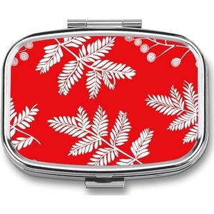 Pillendoos met spiegel 2 compartimenten rood thema bladeren pillenetui voor portemonnee zak wekelijkse pillenorganisator reizen medicijnkoffer draagbare pillenhouder voor dagelijks gebruik