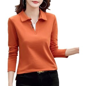 Dames Turn-Down Kraag Trui Solid Printing Lange Mouw T-shirt Vrouwen Lente Herfst Casual Elegant Shirt, Oranje, L