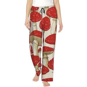 Rood Wit Paddestoel Print Vrouwen Zachte Polyester Lounge Pyjama Broek - Losse Comfortabele Slaap Joggingbroek Met Zakken, Zwart, S
