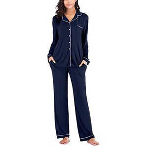 Chiatai Dames Pyjama Set, Dames Button Down Lange Mouwen Modal Lounge Nachtkleding Nachtkleding Top met Broek, marineblauw, L