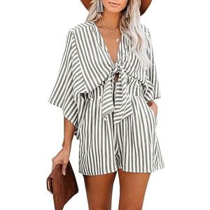 BANGHA Jumpsuits Voor Vrouwen Zomer Casual Zomer Taille Afslanken Gestreepte Jumpsuit Voor Vrouwen, Diepe V Uitlopende Mouw Driekwart Broek, Grijs, 3XL