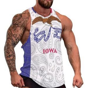 Paisley Iowa State Flag Heren Tanktop Grafisch Mouwloos Bodybuilding Tees Casual Strand T-Shirt Grappige Gym Spier