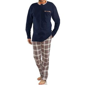 sesto senso Herenpyjama, lange katoenen pyjama, lange mouwen, shirt met zakken, tweedelige set, kleurrijk, nachtkleding, T-shirt - Dark Balu; ruitbroek - bruin, beige, M