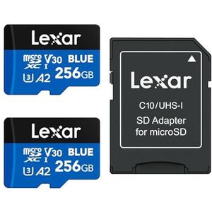 Lexar Blue Micro SD kaart 256GB 2-Pack, tot 160 MB/s leessnelheid, microSDXC UHS-I-kaart, klasse 10, U3, V30, A2, Full HD en 4K-video, snelle geheugenkaart voor smartphones/tablets/actioncamera's