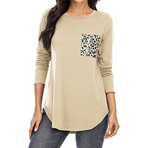 Losse tops Truien voor Vrouwen Casual T-shirts met Zakken Lange Mouw Tunieken Zacht Lichtgewicht Dames Lange Mouwen T-shirts Ronde hals Sweatshirts Luipaard Print Streep Luipaard Print Tops, D-kaki, XXL