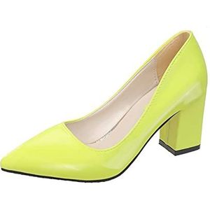 TABKER Sandalen met hak vierkante hak lakleer schoenen dames pumps donkergroen dikke hak werk punt teen (kleur: geel, maat: 19)