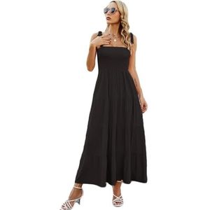 Boho Lange Jurk For Dames, Strandjurken For Dames, Zomer, Bloemenprint, Strikbandjes, Mouwloos, Vierkante Hals, Gesmokt, Zwierige Ruches, A-lijn Midi-jurk (Color : Black, Size : XL)