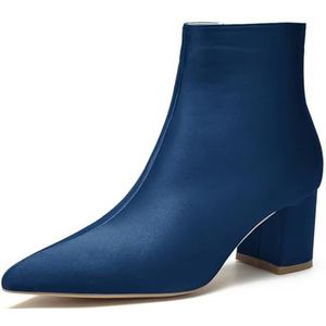 Vrouwen Chunky Blok Lage Hiel Chelsea Enkellaarsjes Puntige Neus Zijrits Kantoor Klassieke Satijnen Jurk Korte Bootie,Marine,35 EU