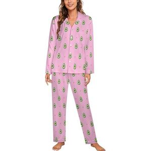 Avocado En Harten Op Een Roze Pyjama Sets Met Lange Mouwen Voor Vrouwen Klassieke Nachtkleding Nachtkleding Zachte Pjs Lounge Sets