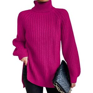 Katoenen coltrui met raglanmouwen en splitzoom, winter casual coltrui gebreide trui for dames (Color : Rose red, Size : XL)