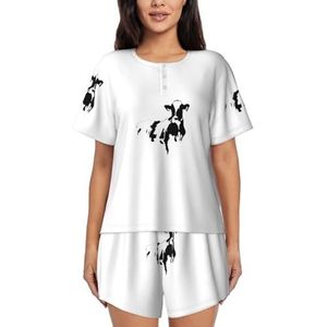 JIAWUJYNB Koe In Zwart-Wit Print Vrouwen Korte Mouwen Pyjama Set Pyjama Lounge Set Met Zakken,, Zwart, XL