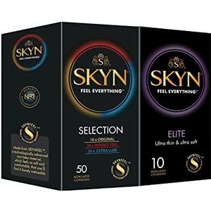 Skyn Selection Condoom Pack 50 & Elite 10 Stukken / Skynfeel Latex Vrij, 10 x Original, 10 x Intense Feel, 10 x Extra Glijmiddel, Regular Size, Ultra-Thin