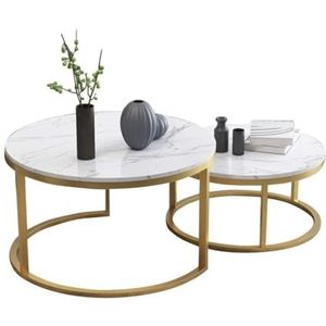 Salontafel moderne nesttafels set van 2 marmeren salontafel theekant bijzettafel met metalen poten voor woonkamer midden of balkon hoek kleine ruimte, witte nachtkastjes (maat: 60 cm+45 cm)