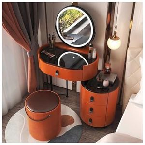YYUINU Kaptafel, kaptafel met 3 kleuren verlichte spiegel, met zijkast, slaapkamer make-up kaptafel met opbergbare kruk, oranje-50 cm