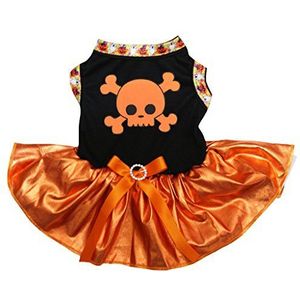 Petitebelle Crossbone Schedel Katoen Shirt Tutu Puppy Hond Jurk, Medium, Black/Bling Orange