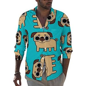 Schattige mopshond patroon heren revers lange mouw overhemd button down print blouse zomer zak T-shirts tops 5XL