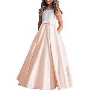 Fuomomo Meisjesjurk met bloemenpatroon van satijn, mouwloos, officiële jurk voor kinderfeesten, maxi-pageant, perzik, 11 Jaren