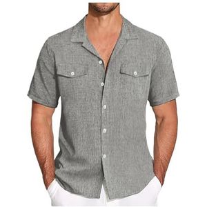 UBOHUZ Heren shirt met korte mouwen linnen korte mouwen button down shirt casual strand shirts vakantie eenvoudige casual slim fit shirts voor vrije tijd, Grijs, 3XL