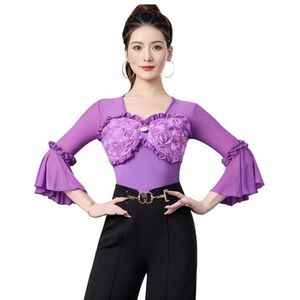 Tytyozay Dames Ballroom Latin Dans Bodysuit, 3D Bloemen Applicatie Top Elegant Eendelig Oefenpakje met 3/4 Uitlopende Mouwen en Drukknoopsluiting voor Ballet Latin Rumba Samba Jurk Rokken,Purper,L