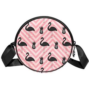 Ronde Crossbody Tas Messenger Bag Purse voor Vrouwen Zwarte Flamingo & Ananas op Roze Achtergrond-01, Meerkleurig, 6.7x6.7x2.3 in, Sling Rugzakken