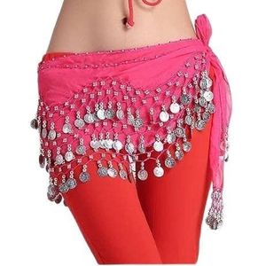 Vrouwen Paillettenrokje Buikdansrokje, Muntenriem Buikdans Chiffon Buikdansriemen for Vrouwen Buikdans Heup Sjaal(Red)