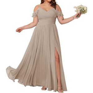 HPPEE Bruidsmeisjesjurken met blote schouders en split met plooien, V-hals, chiffon, formele avondjurk, feestjurk, Taupe, 32
